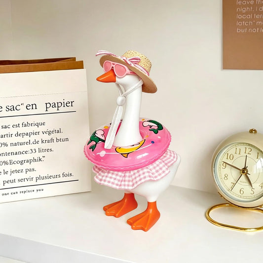 4PCS Summer Bikini Outfit Set 7 Inch Magnetic Desk Goose Statue, Pink Skirt Straw Hat Sunglasses Swim Ring,Mini Cute Costume Accessories for Small Desktop Goose Decor,Office Table Aesthetic Ornament