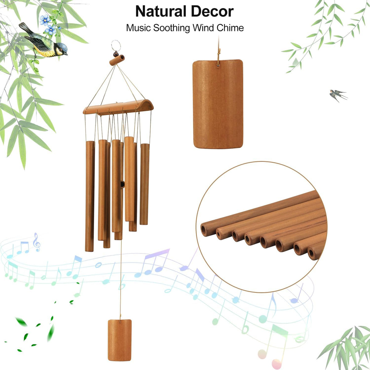 VIREKM Bamboo Wind Chimes for Outside,Decorations for Patio Porch