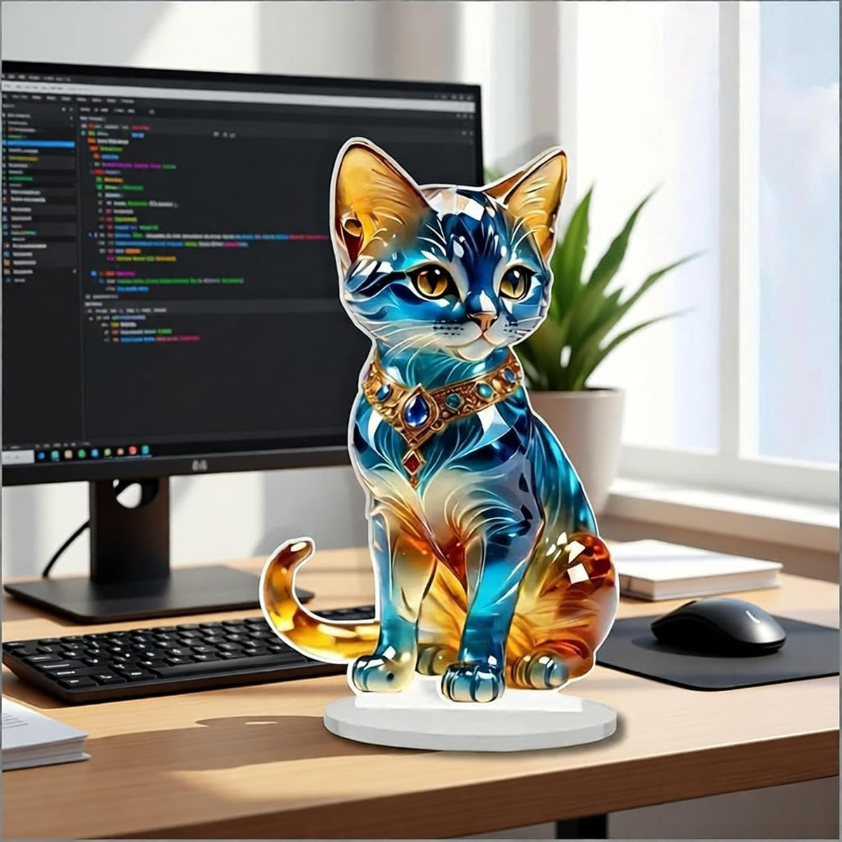 Desktop Ornament, Acrylic Fairy Tabletop Decoration, 2D Flat Elf Desktop Art Statue, Creative Decoration for Home Table Top Bedroom Living Room Study Room Office Decor (Blue-Cat)