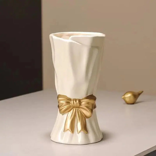 Elegant White Ceramic Vase with Gold Bow - Modern Aesthetic Home Decor, Bedroom-Ready Style Artistic Decorative Vase for Living Room & Bedroom