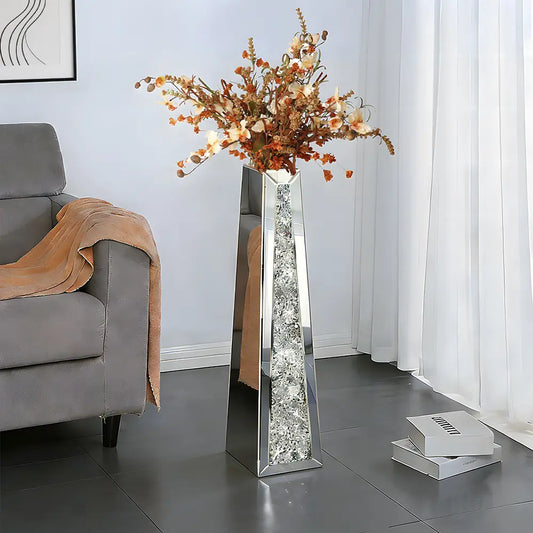 29" Tall Crushed Diamond Floor Vase - Shiny Mirror Surface Decoration, Large Flower Vase for Dried Flowers, Crystal Glass Home Decor for Living Room, Office, Flower Vases