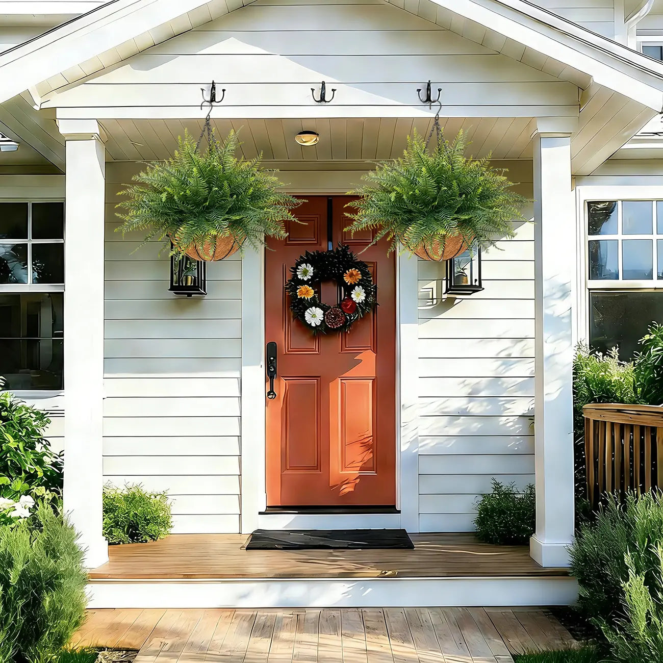 2 Pcs Low-Maintenance Artificial Hanging Fern Plant Set, Outdoor UV-Resistant Faux Ferns with Flower Basket, Hanging Baskets Included for Patio Garden Home Decor