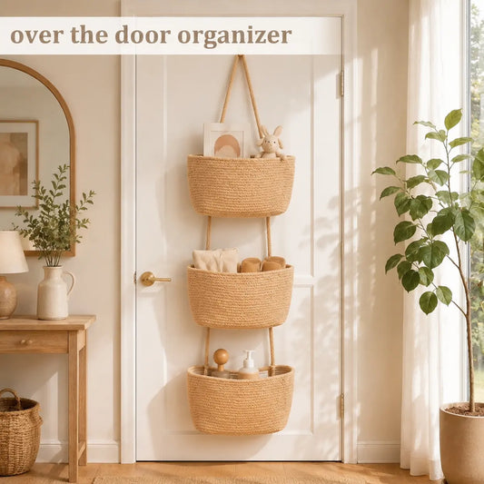 Woven cotton 3-Tier Over the Door Basket,Wall-Mounted Jute Storage Organizer in bathroom – Decorative Nursery Baskets, Perfect for Busy Mom/Dad to Store Diapers & Toys small basket Gift Hook laundry basket house organizers,Small Storage Basket, With Hook