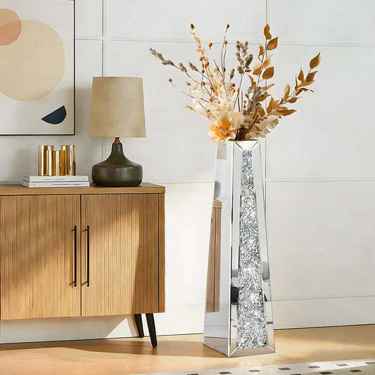 29" Tall Crushed Diamond Floor Vase - Shiny Mirror Surface Decoration, Large Flower Vase for Dried Flowers, Crystal Glass Home Decor for Living Room, Office, Flower Vases