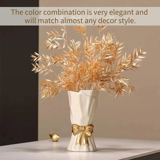Elegant White Ceramic Vase with Gold Bow - Modern Aesthetic Home Decor, Bedroom-Ready Style Artistic Decorative Vase for Living Room & Bedroom