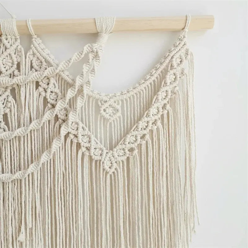 Handmade Woven Macrame Wall Hanging with Wooden Stick, Large Boho Tassel Curtain, Wedding Backdrop Decor