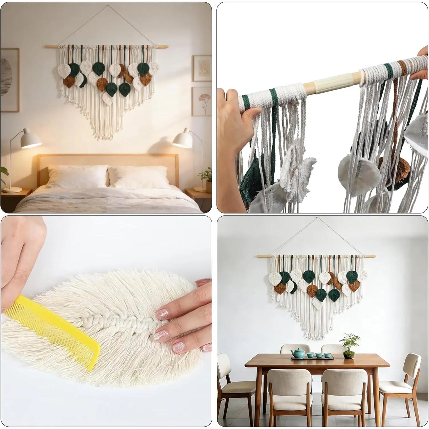 OUEST Large Cotton Macrame Wall Hanging - Hangable Wood Minimalist Boho Woven Tapestry, Handmade Leaf Feather Bohemian Wall Decoration, Home Decor for Living Room Bedroom 39" W x 29.5" L