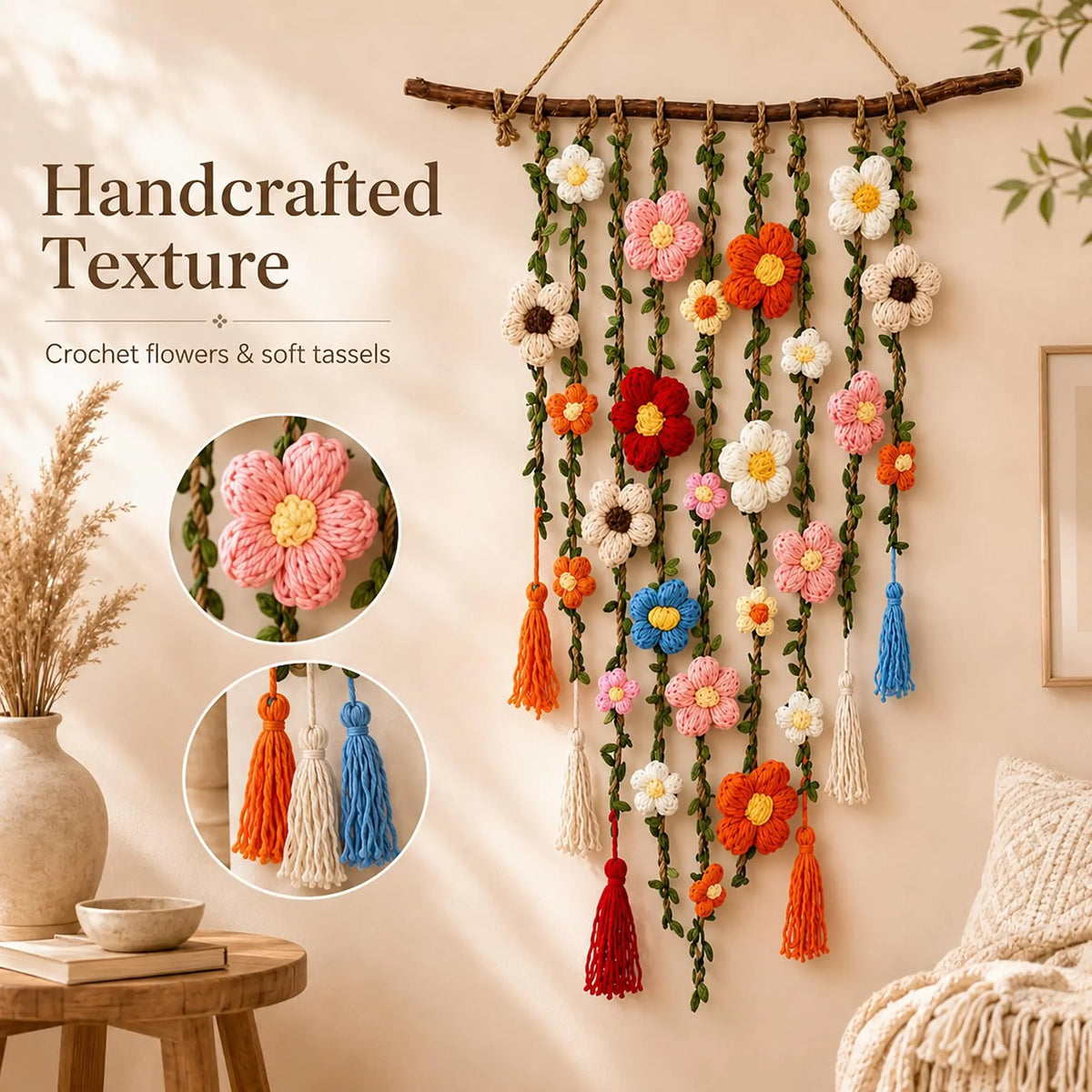 Boho Crochet Flower Wall Decor (1PC) | Aesthetic Floral Hanging Art for Bedroom, Living Room, Dorm and Apartment