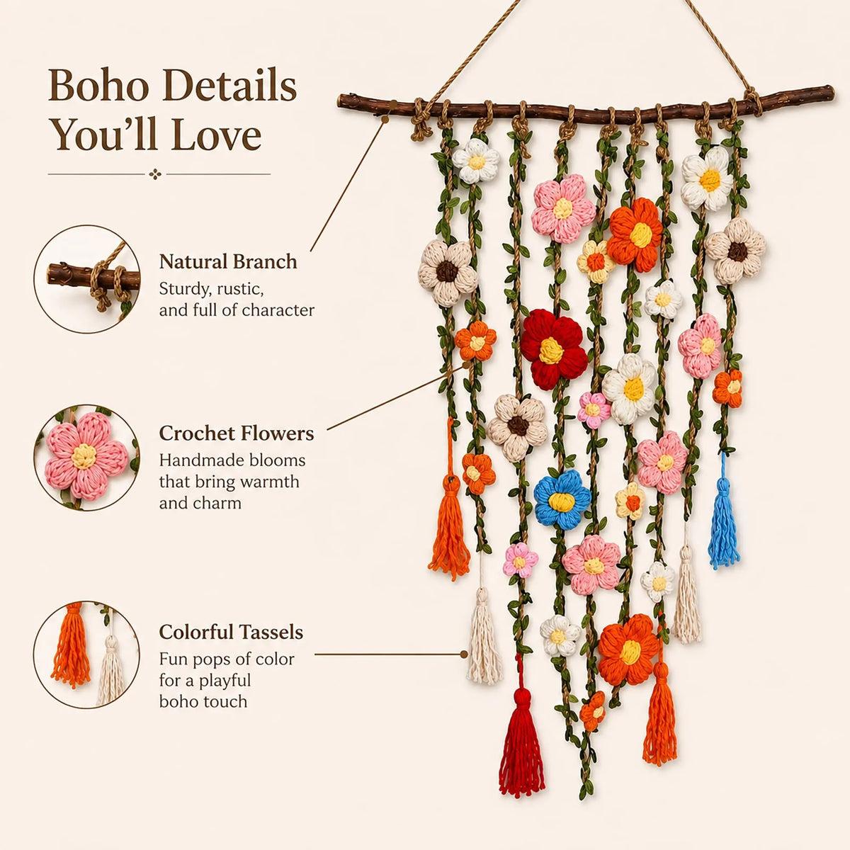 Boho Crochet Flower Wall Decor (1PC) | Aesthetic Floral Hanging Art for Bedroom, Living Room, Dorm and Apartment