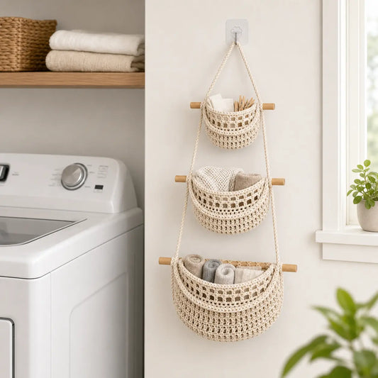 3-Tier Handwoven Cotton Cord Over-the-Door Basket - Wall-Mounted Jute Decorative Home Storage Organizer with Gift Hook, Scandi Look, 31.5h in., Bedroom Storage Organizer for Busy Parents to Store Diapers, Laundry