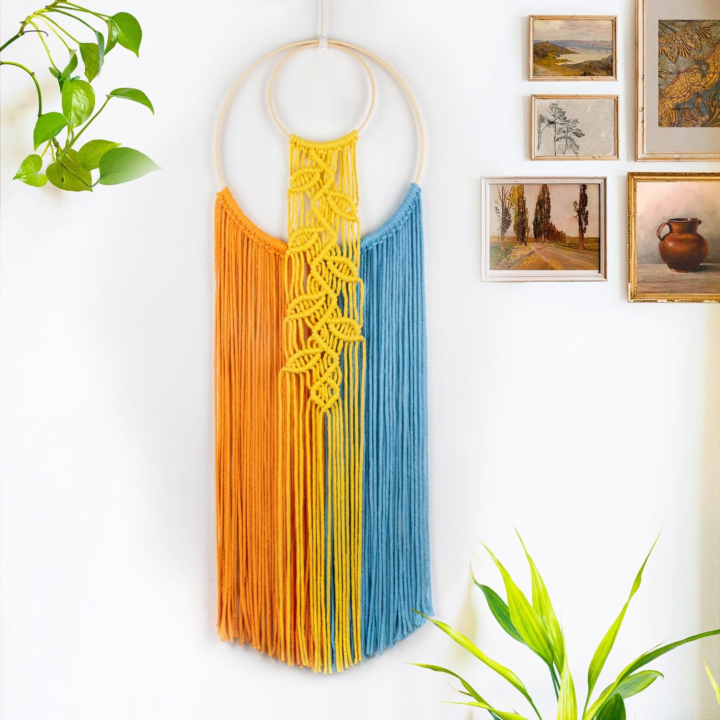 LB Long Boho Macrame Wall Hanging, Green Beige Handmade Cotton Woven Tapestry, Modern Geometric Bohemian Wall Decor for Bedroom Living Room, Nature Inspired Room Decor 31.5" x 9.84"