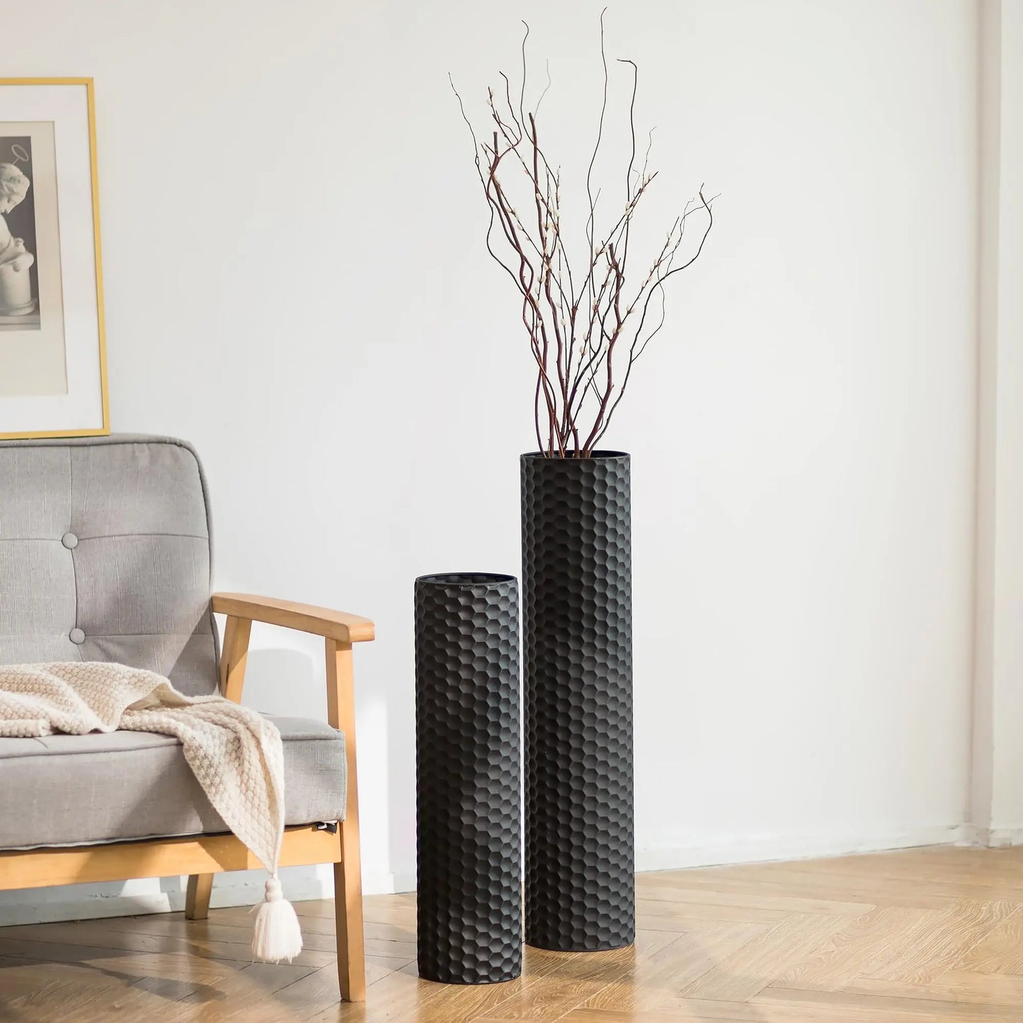 Tall Cylinder Metal Floor Vase Set of 2 (27.6/21.7in Extra Large), Modern Honeycomb-Woven Texture Artificial Floral Arrangement Vases for Living Room Home Decor