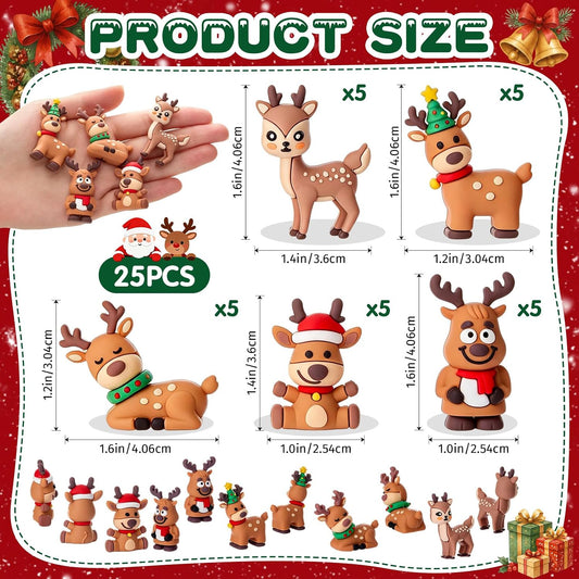Chunful 25 Pcs Mini Reindeer Figurines Rubber Christmas Deer, Five Style