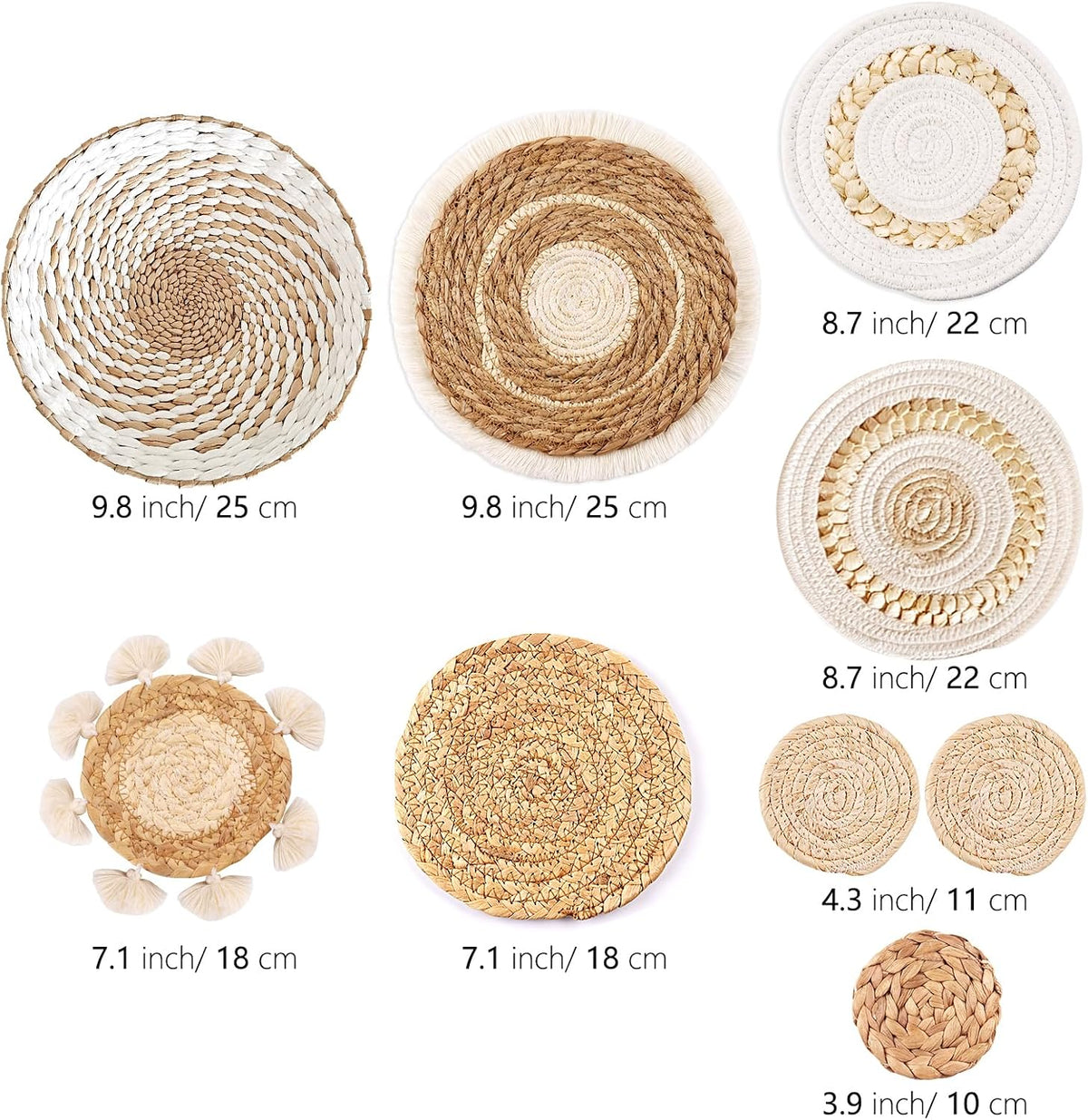 9 Pack Boho Wall Basket Set, hanging Woven Wall Basket Decor, Seagrass Rattan Wicker Boho Wall Decor, Eco-Friendly Round Art for Farmhouse Bedroom Living Room Display Table Settings Kitchen Home