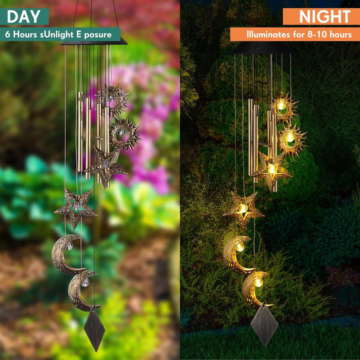 Colingmill Solar Wind Chimes for Outside,Sun Moon Star,Warm Lights