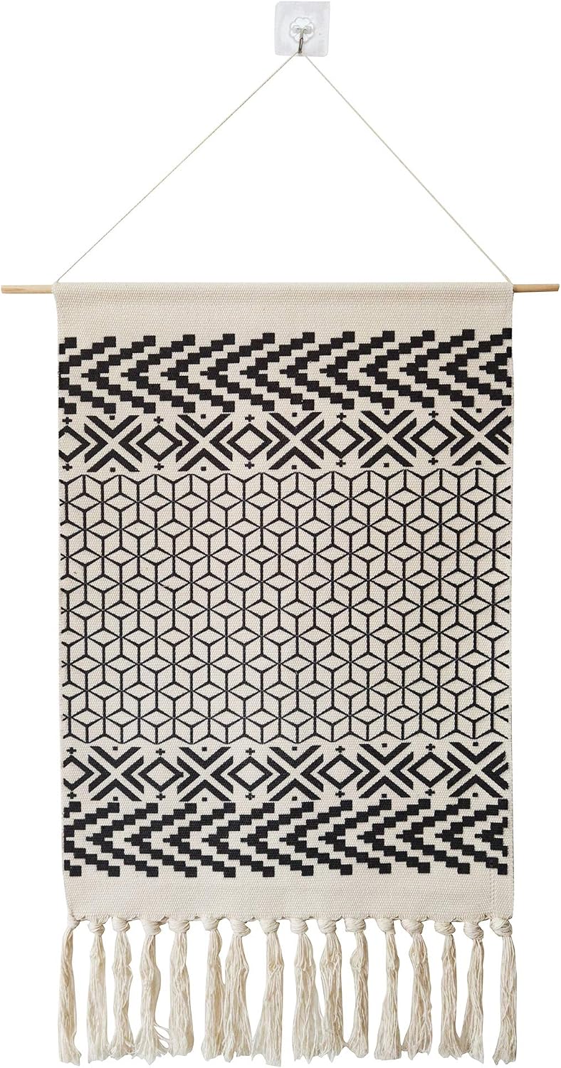 Macrame Woven Wall Tapestry Hanging Art, 20x34 Large Boho Chic Bohemian Morocco Black White Diamond Rhombus Geometric Tapestries Decor for Apartment Dorm Kids Living Room Bedroom Door Entrance