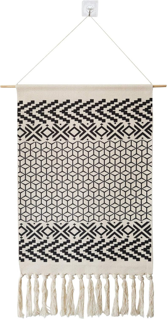 Macrame Woven Wall Tapestry Hanging Art, 20x34 Large Boho Chic Bohemian Morocco Black White Diamond Rhombus Geometric Tapestries Decor for Apartment Dorm Kids Living Room Bedroom Door Entrance