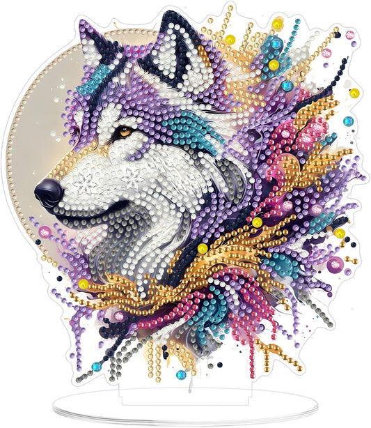 MOGTAA 5D Wolf Diamond Art Desktop Ornaments Kits for Adults Double Sided, DIY Stand Up Tabletop Ornament Animal Kits, Special Shaped Crystal Gem Art Painting for Home Office Table Decor Gift