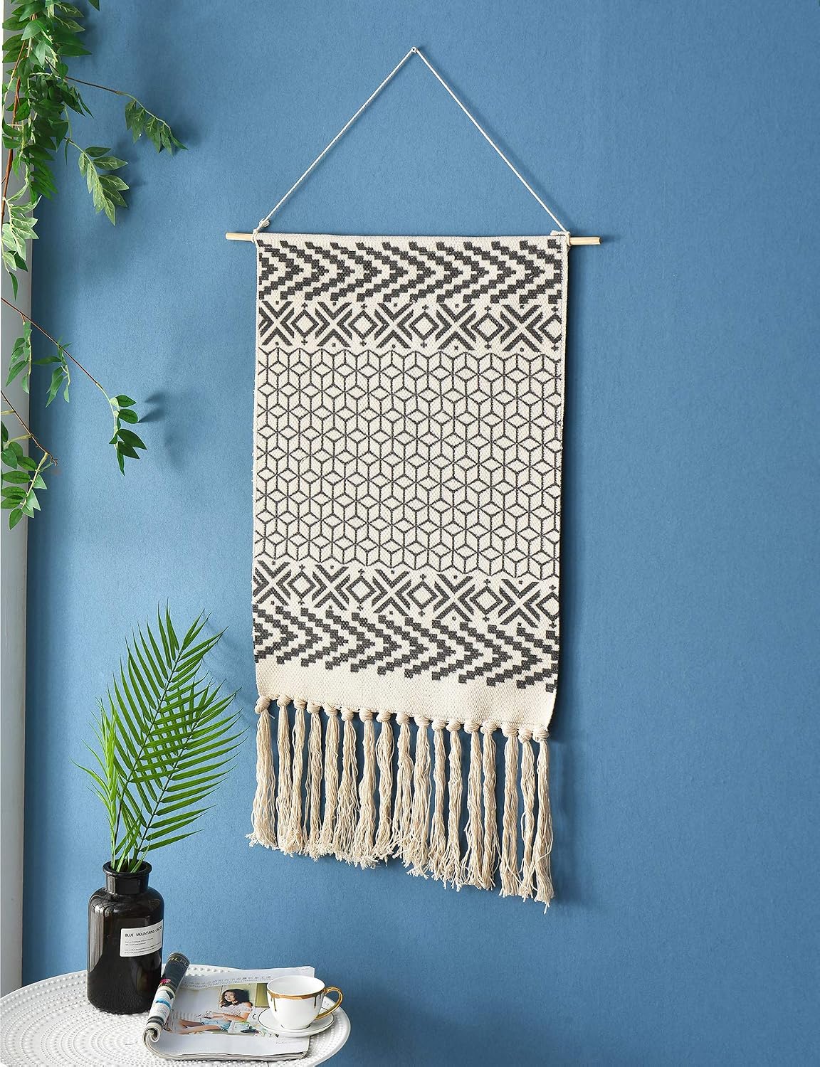 Macrame Woven Wall Tapestry Hanging Art, 20x34 Large Boho Chic Bohemian Morocco Black White Diamond Rhombus Geometric Tapestries Decor for Apartment Dorm Kids Living Room Bedroom Door Entrance