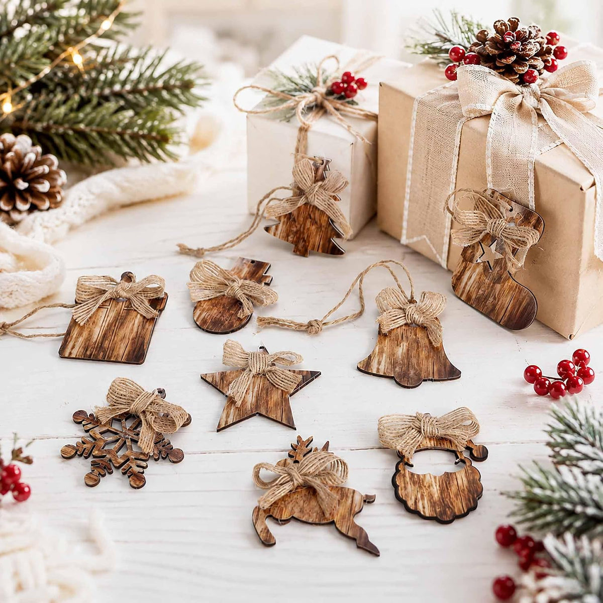 12Pcs Rustic Wooden Christmas Tree Ornaments, Farmhouse Hanging Ornaments