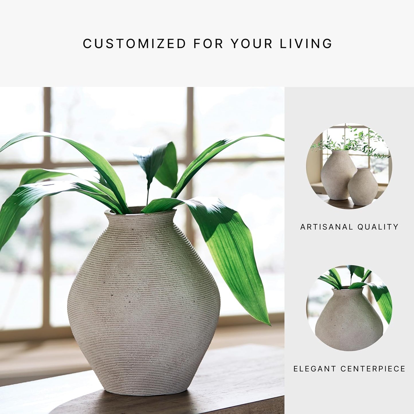 Signature Design by Ashley 12-Inch Ribbed Resin Decorative Vase, Tan Finish