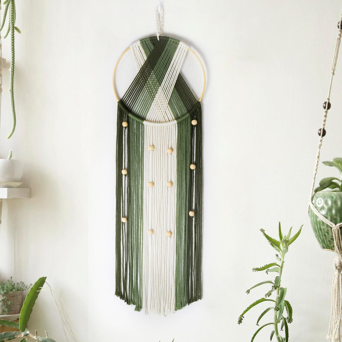LB Long Boho Macrame Wall Hanging, Green Beige Handmade Cotton Woven Tapestry, Modern Geometric Bohemian Wall Decor for Bedroom Living Room, Nature Inspired Room Decor 31.5" x 9.84"