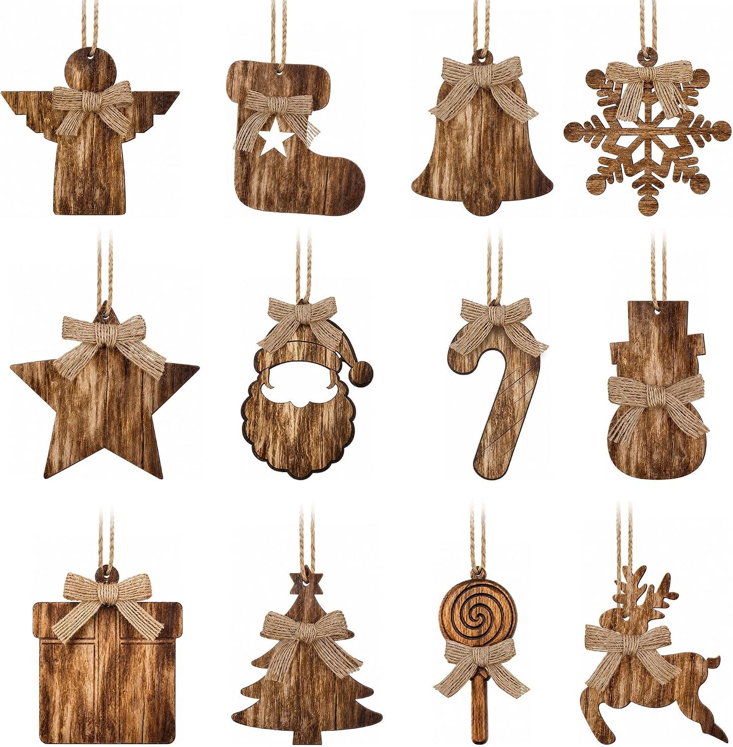 12Pcs Rustic Wooden Christmas Tree Ornaments, Farmhouse Hanging Ornaments