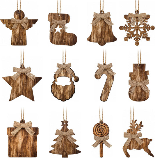 12Pcs Rustic Wooden Christmas Tree Ornaments, Farmhouse Hanging Ornaments