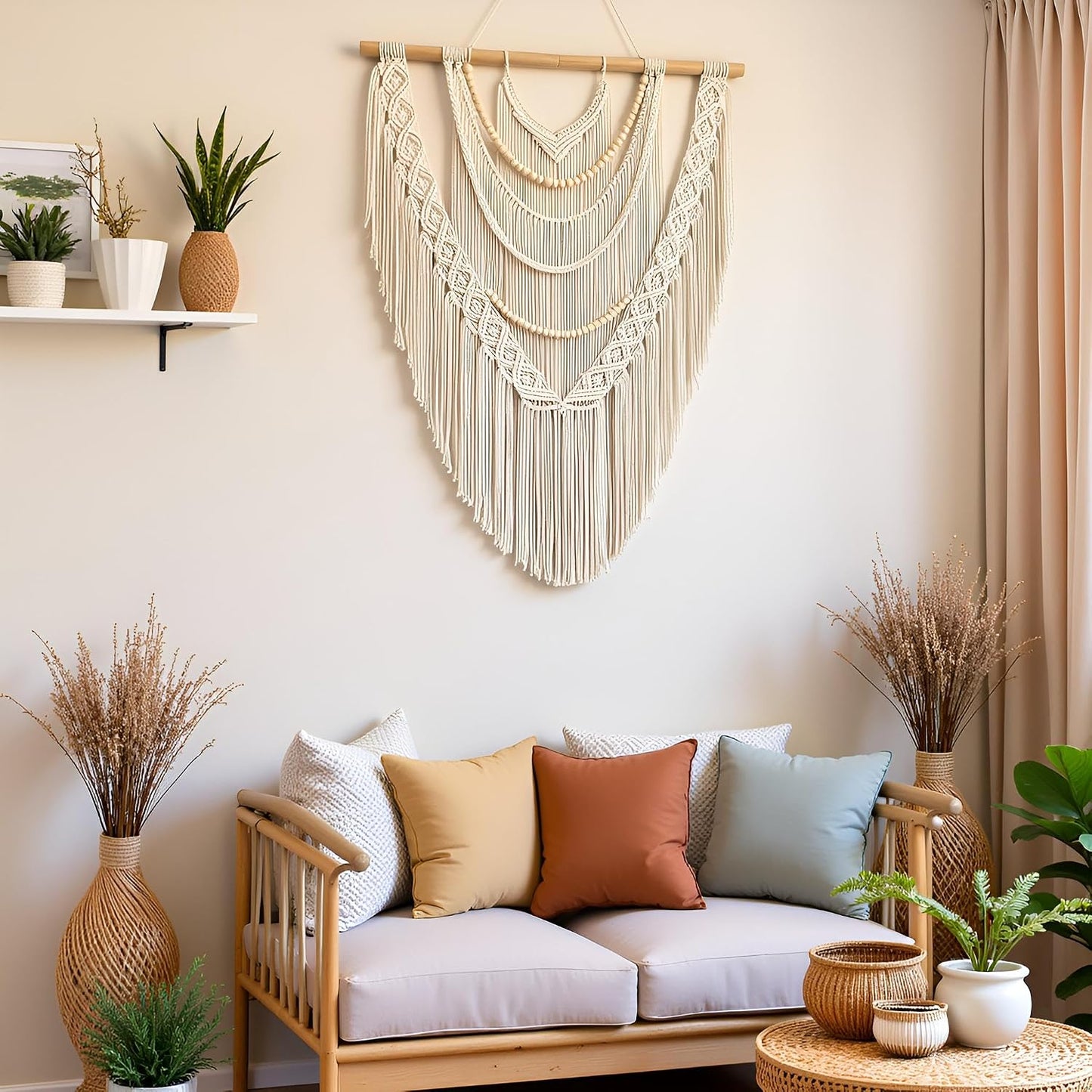 guzhiou Large Macrame Wall Hanging, 27'' W x 36'' L Boho Art Tapestry Wall Decor for Urban entryway,Living Room,Bedroom Decor, headboard Woven, Big Fiber Art Over Couch (Wood Bead)