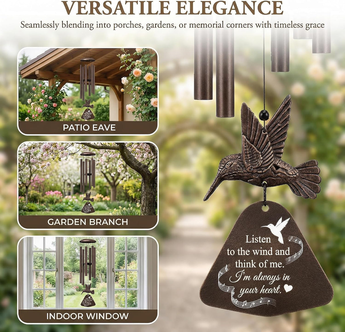 36" Memorial Wind Chimes for Outside, Sympathy Gift for Loss of Loved One, Hummingbird Wind Chime for Mom Dad, Bereavement Remembrance Funeral Condolence Gift