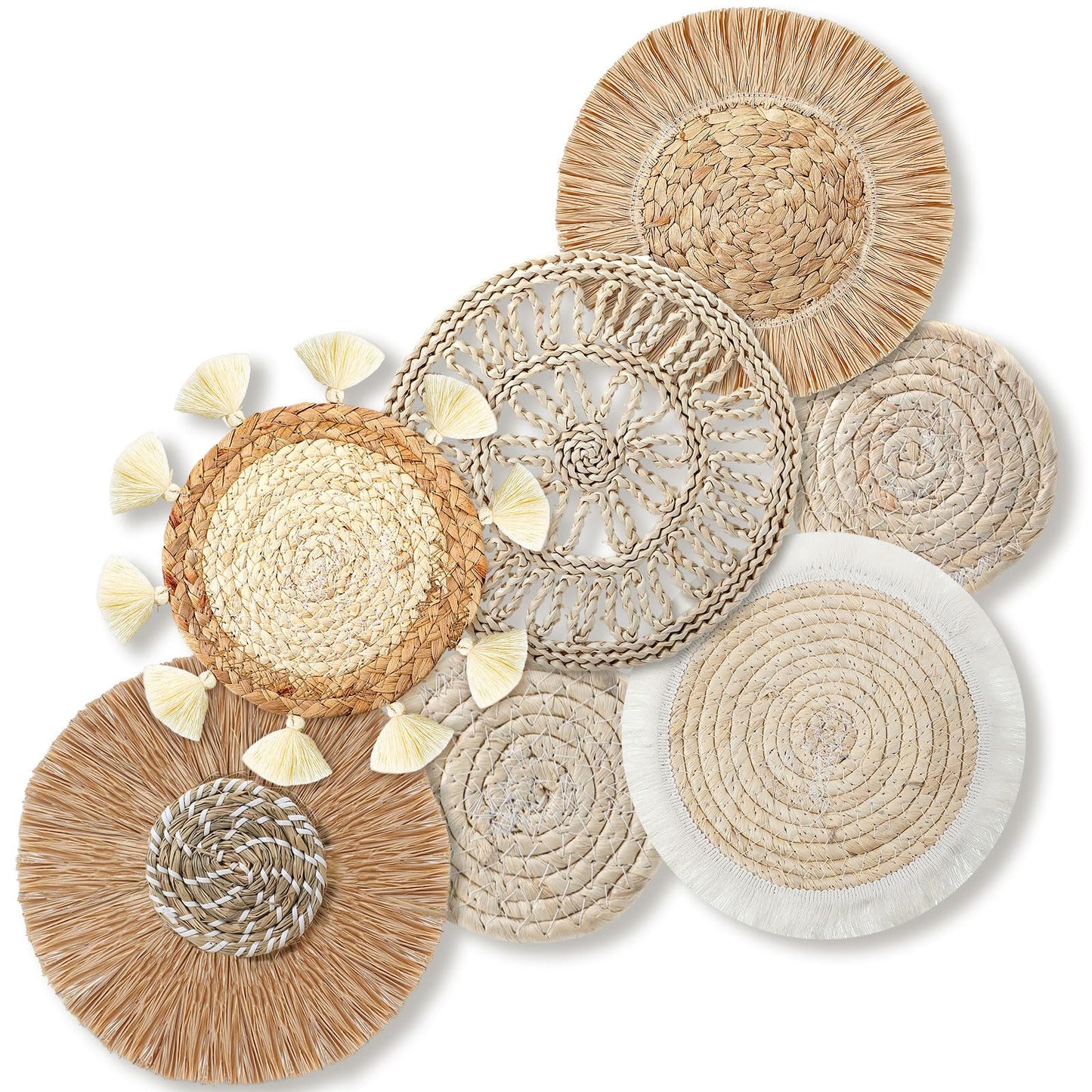 CroBlissful 7 Pcs Boho Wall Baskets Woven Seagrass Round, Classic