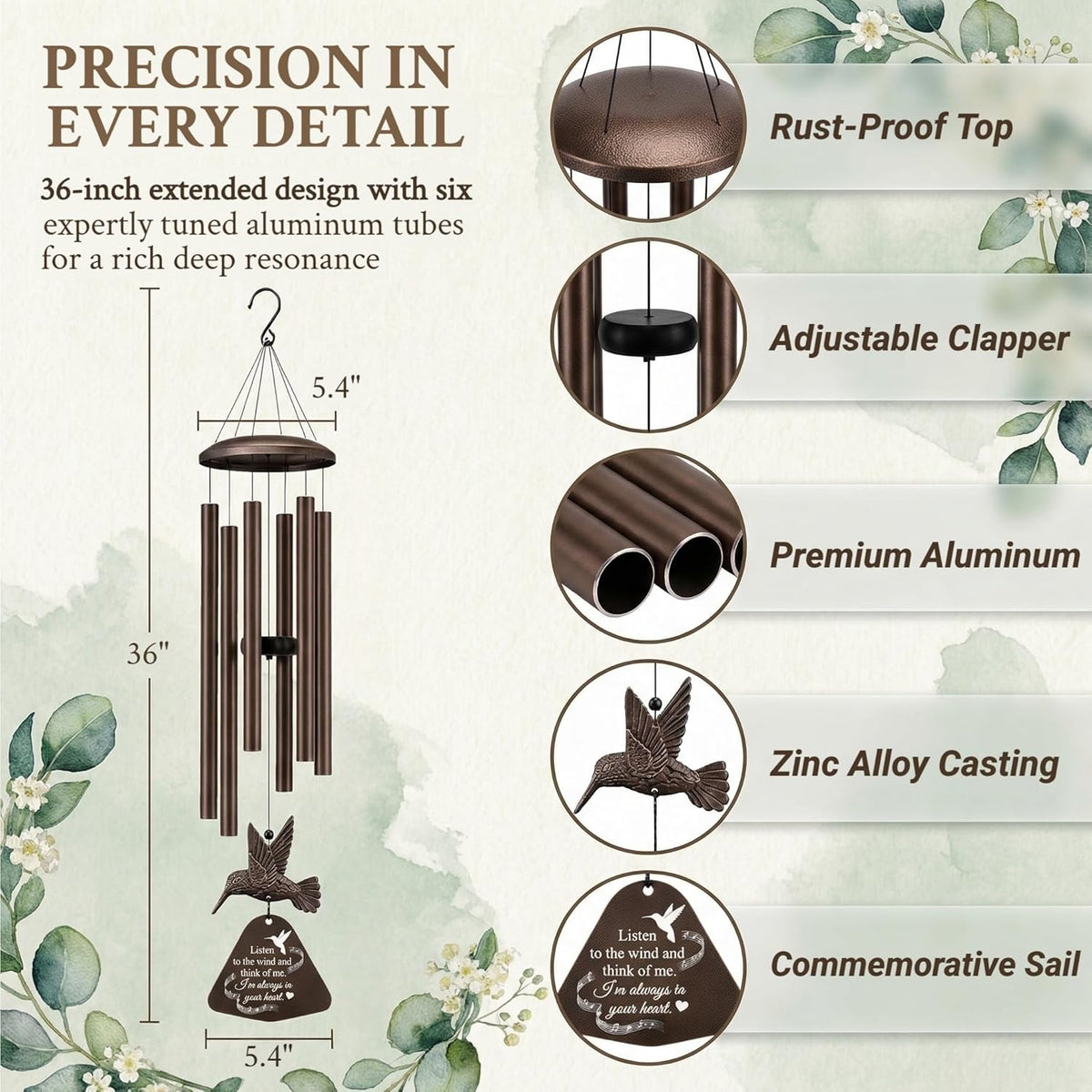 36" Memorial Wind Chimes for Outside, Sympathy Gift for Loss of Loved One, Hummingbird Wind Chime for Mom Dad, Bereavement Remembrance Funeral Condolence Gift