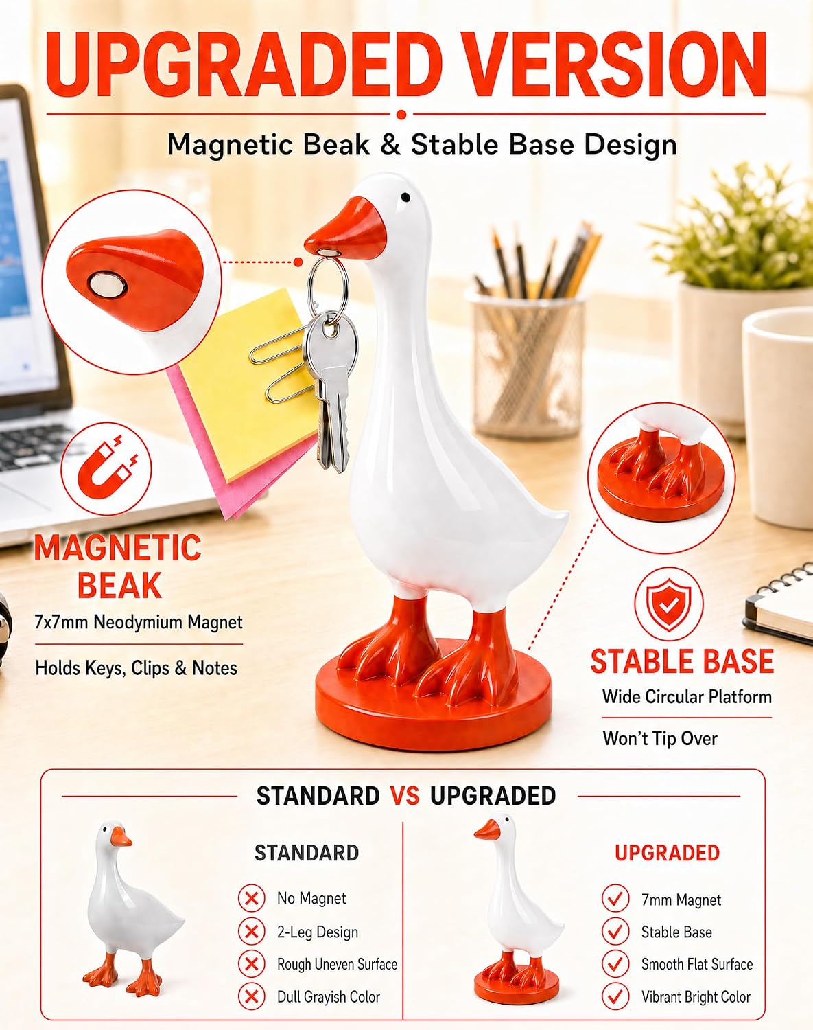 7 Inch Desk Goose with Magnetic Beak and Stable Base, Cute Resin Desktop Statue Key Holder with Donut Swim Ring, Mini Porch Goose Figurine Decor for Home Office Table, Funny Gift