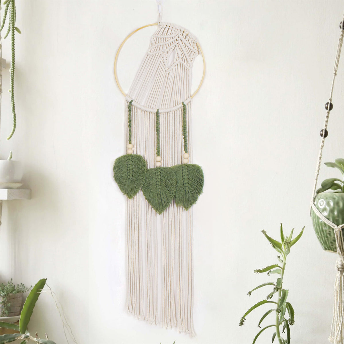 LB Long Boho Macrame Wall Hanging, Green Beige Handmade Cotton Woven Tapestry, Modern Geometric Bohemian Wall Decor for Bedroom Living Room, Nature Inspired Room Decor 31.5" x 9.84"