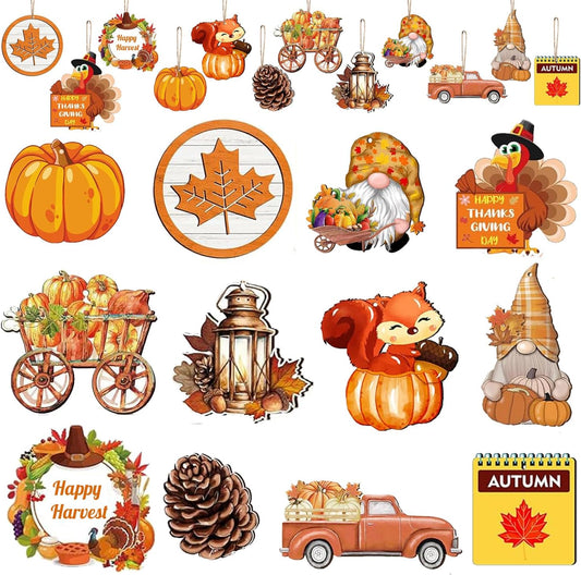 24 Pcs Fall Thanksgiving Ornaments for Small Tree Wood, Both Side Printing Fall Thanksgiving Christmas Tree Decorations and Ornaments for Autumn Harvest Party Home Indoor Outdoor Decor