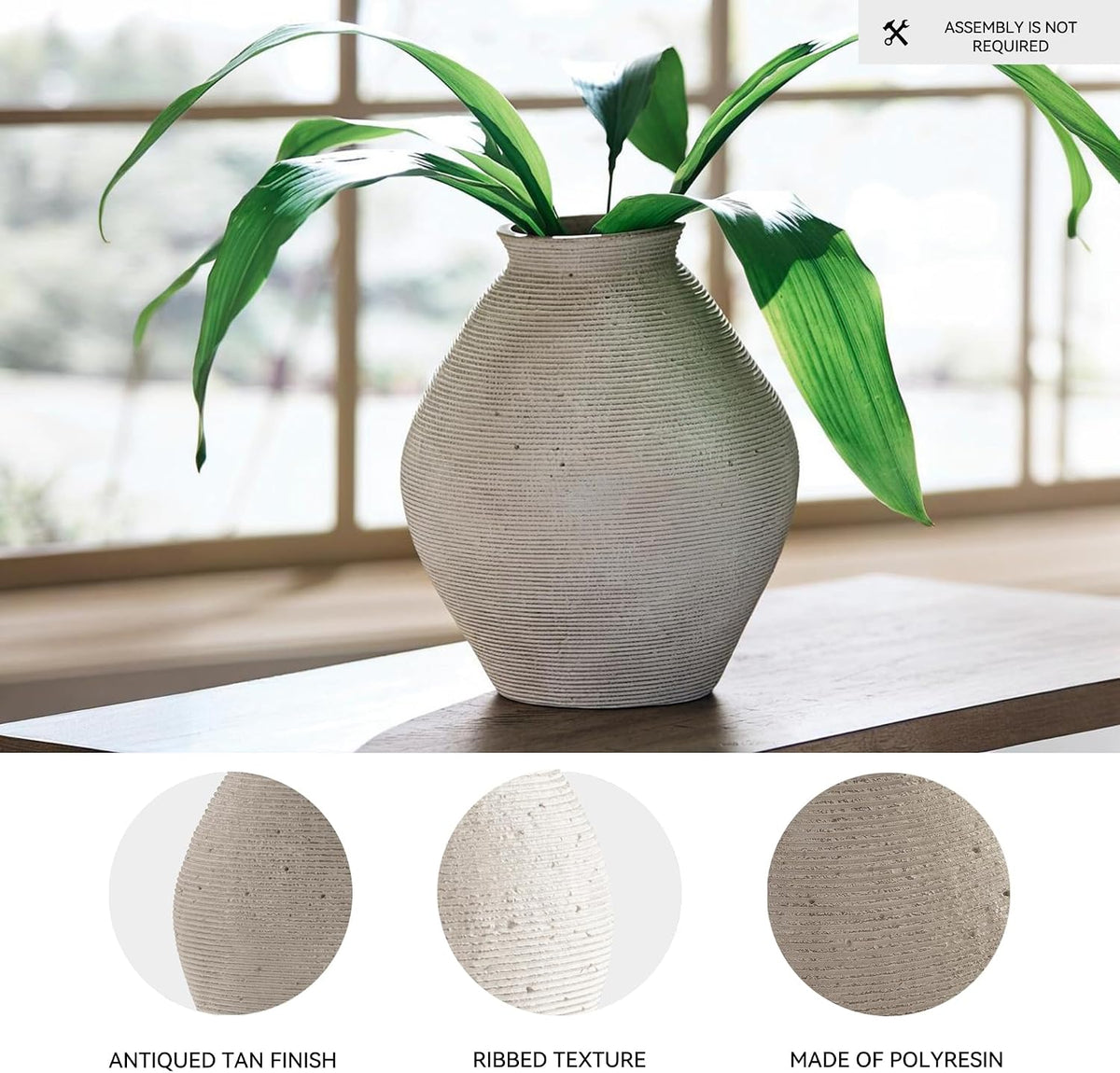 Signature Design by Ashley 12-Inch Ribbed Resin Decorative Vase, Tan Finish