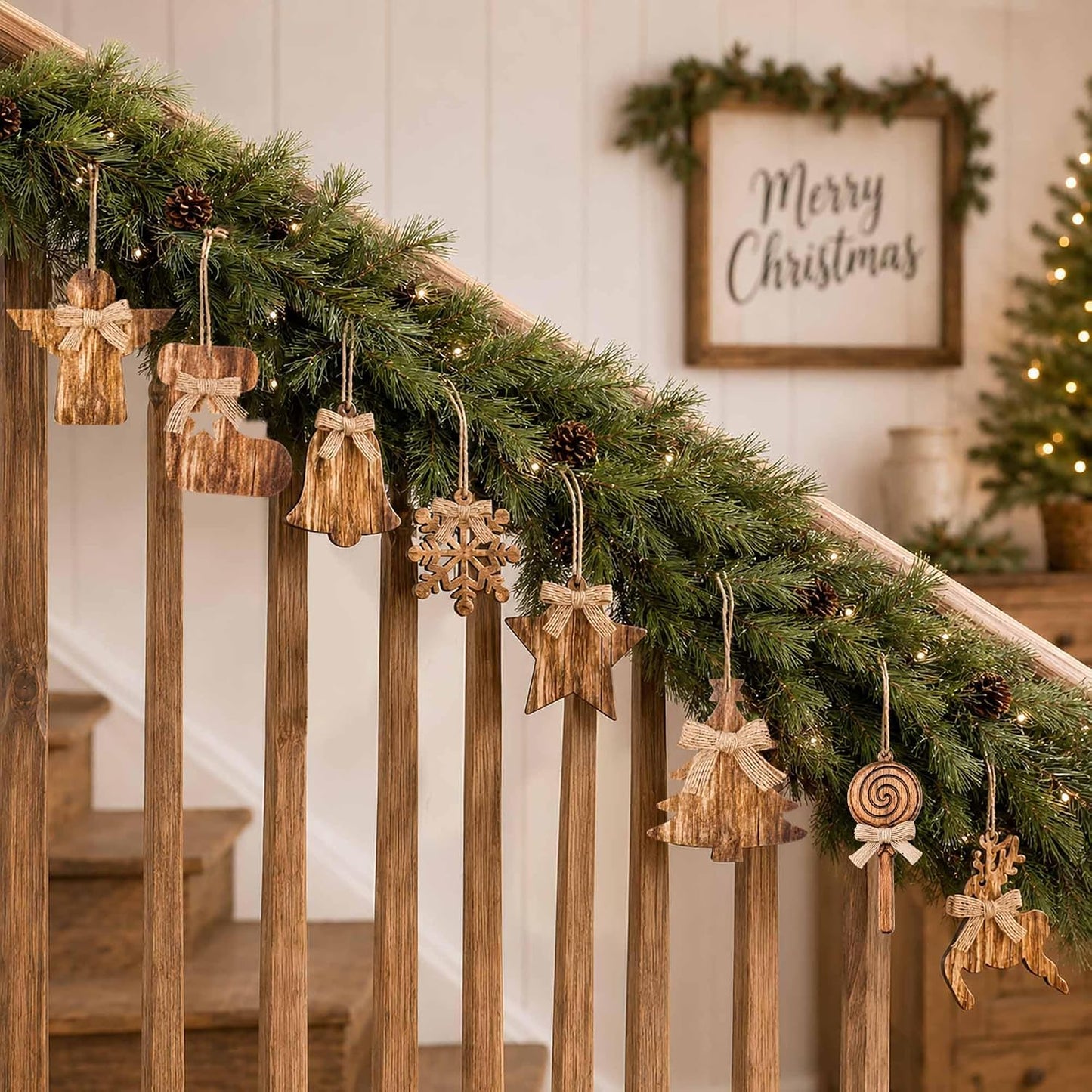 12Pcs Rustic Wooden Christmas Tree Ornaments, Farmhouse Hanging Ornaments