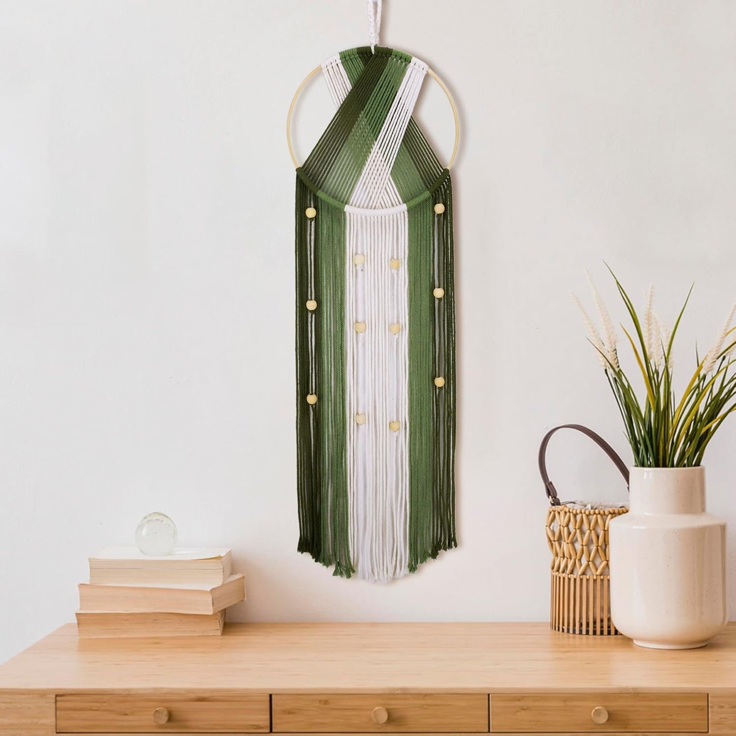 LB Long Boho Macrame Wall Hanging, Green Beige Handmade Cotton Woven Tapestry, Modern Geometric Bohemian Wall Decor for Bedroom Living Room, Nature Inspired Room Decor 31.5" x 9.84"