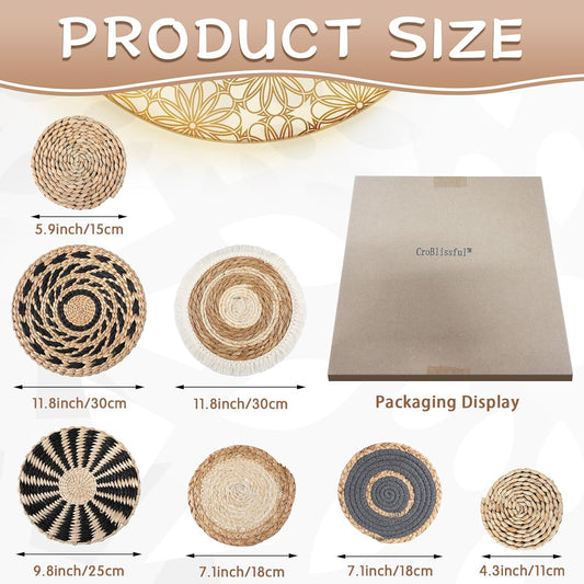 CroBlissful 7 Pcs Boho Wall Baskets Woven Seagrass Round, Classic