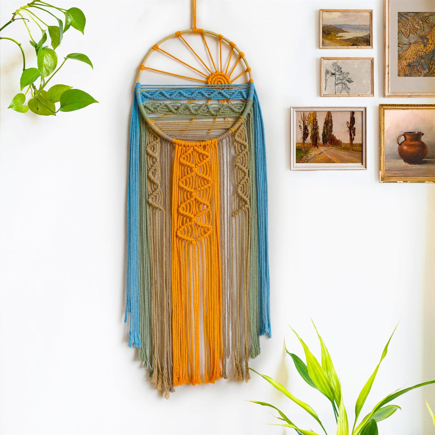 LB Long Boho Macrame Wall Hanging, Green Beige Handmade Cotton Woven Tapestry, Modern Geometric Bohemian Wall Decor for Bedroom Living Room, Nature Inspired Room Decor 31.5" x 9.84"