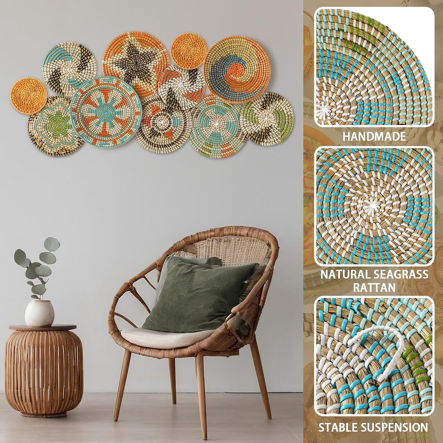 Tatuo 11 Pcs Boho Wall Basket Decor Woven Wall Hanging Art, Farmhouse