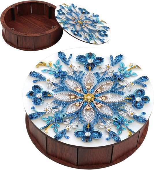 antor Mandala Snowflake Diamond Art Storage Box, Round Wooden DIY 5D Crystal Diamond Painting Desktop Ornament Organizer, Handmade Jewelry or Money Storage Box, Home Office Decor Crafts Gifts
