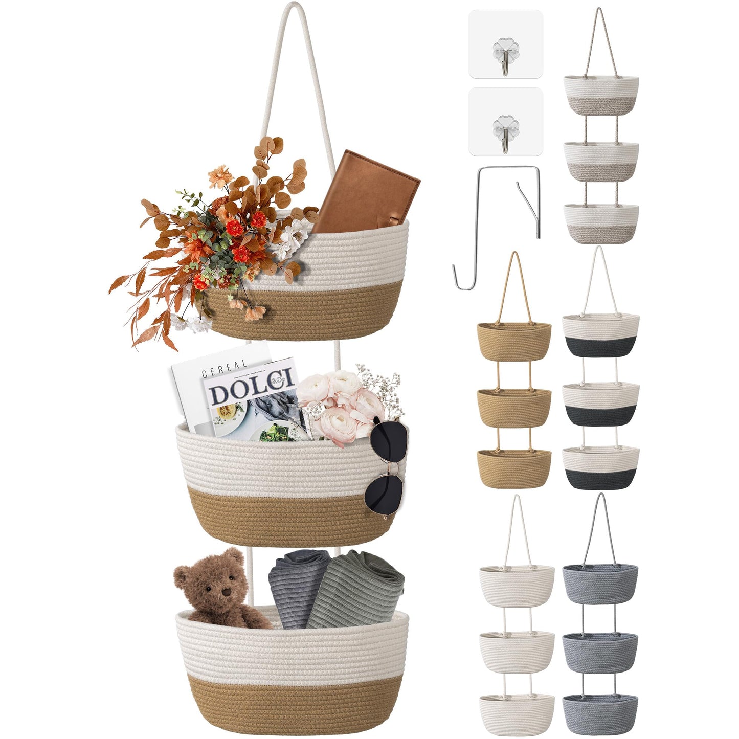3 Tier Wall Mounted Woven Hanging Basket, Over the Door Hanging Basket with Hooks, Decorative Storage Hanging Closet Removable, Large Wall Basket for Living Room, Bedroom, Kitchen (Brown)