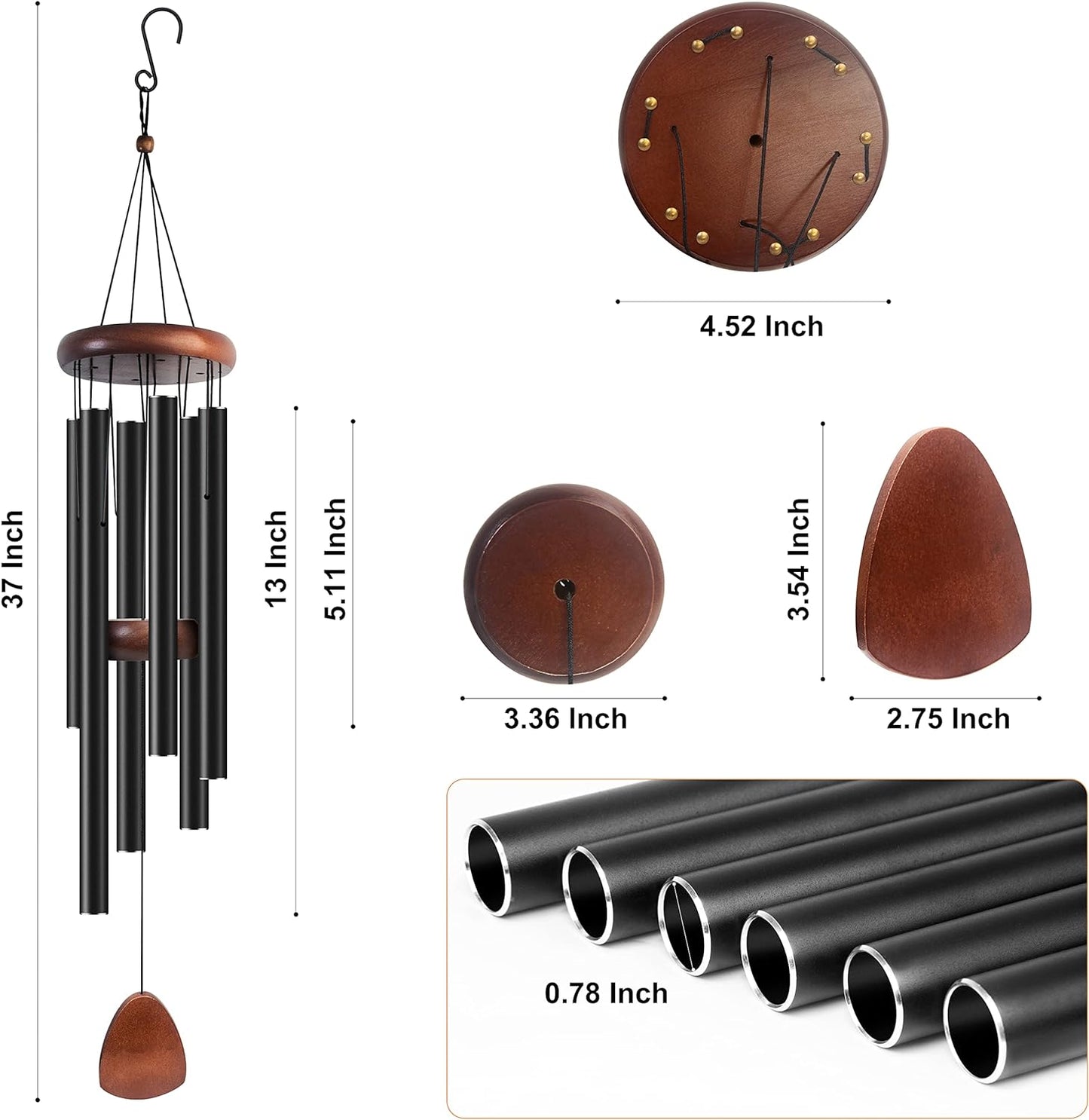 Bursvik 37" Aluminum Wind Chimes for Outside(Black), Patio Zen Decor Gift