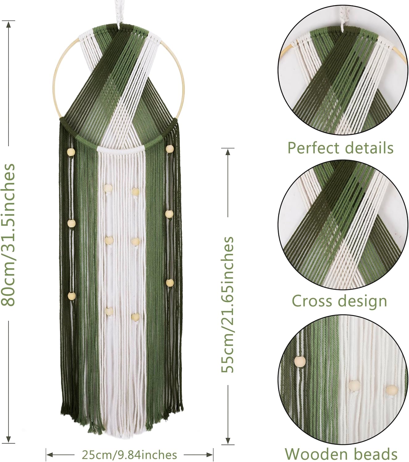 LB Long Boho Macrame Wall Hanging, Green Beige Handmade Cotton Woven Tapestry, Modern Geometric Bohemian Wall Decor for Bedroom Living Room, Nature Inspired Room Decor 31.5" x 9.84"