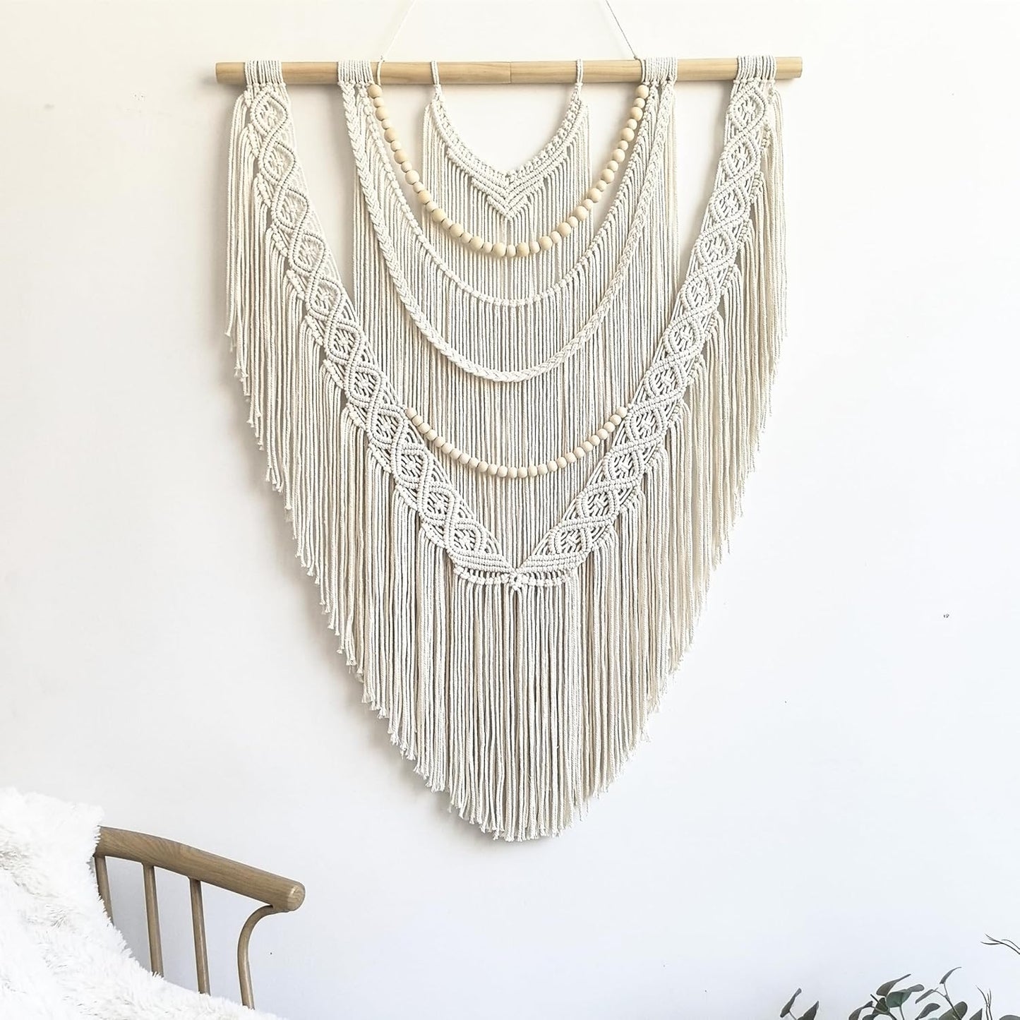guzhiou Large Macrame Wall Hanging, 27'' W x 36'' L Boho Art Tapestry Wall Decor for Urban entryway,Living Room,Bedroom Decor, headboard Woven, Big Fiber Art Over Couch (Wood Bead)