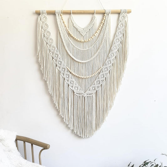 guzhiou Large Macrame Wall Hanging, 27'' W x 36'' L Boho Art Tapestry Wall Decor for Urban entryway,Living Room,Bedroom Decor, headboard Woven, Big Fiber Art Over Couch (Wood Bead)