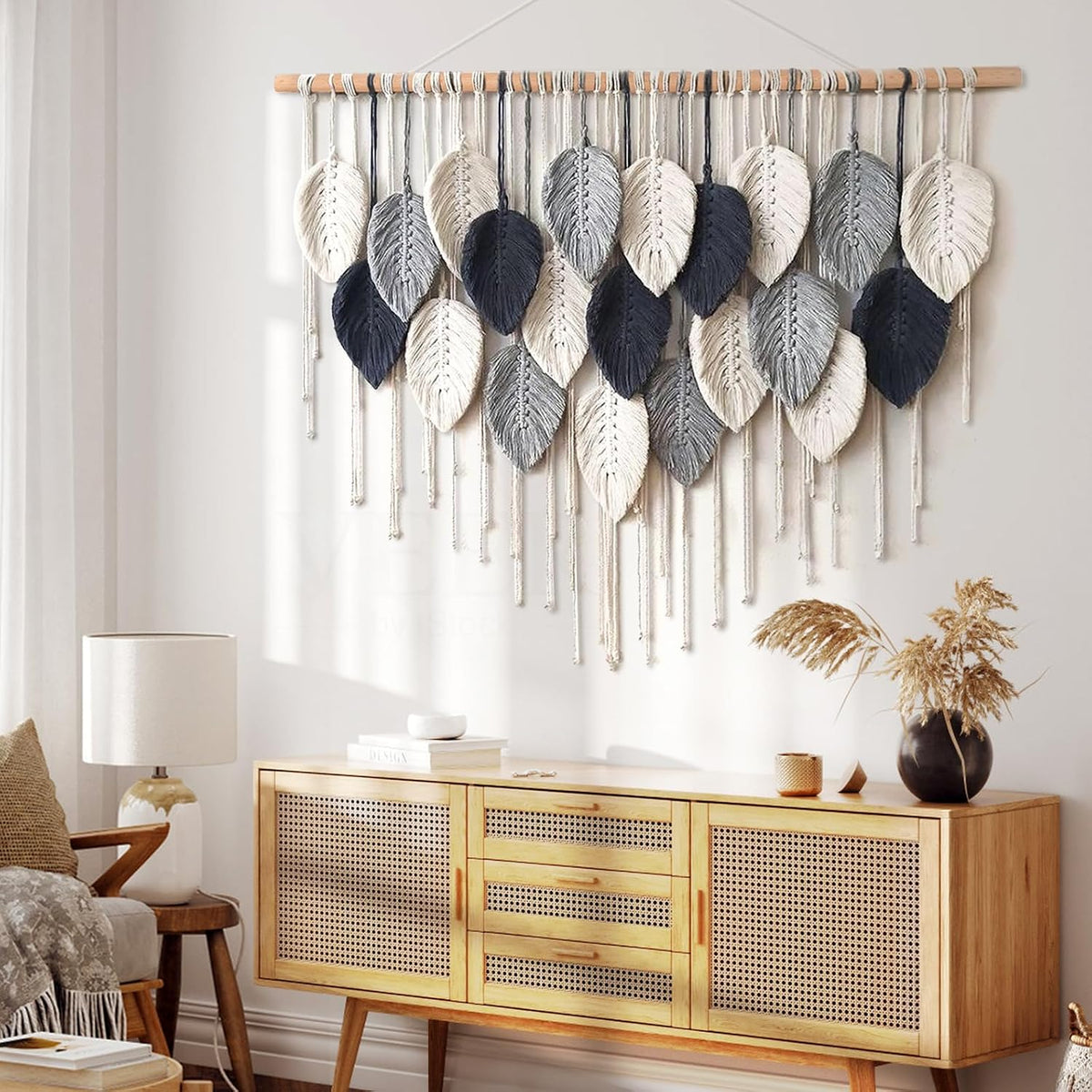 Weldomcor Macrame Wall Hanging Leaf Woven Tapestry Bohemian Chic Wall Hanging Feather Large Handmade Wall Art Decor for Bedroom Living Room Apartment Ornament, 39 inch