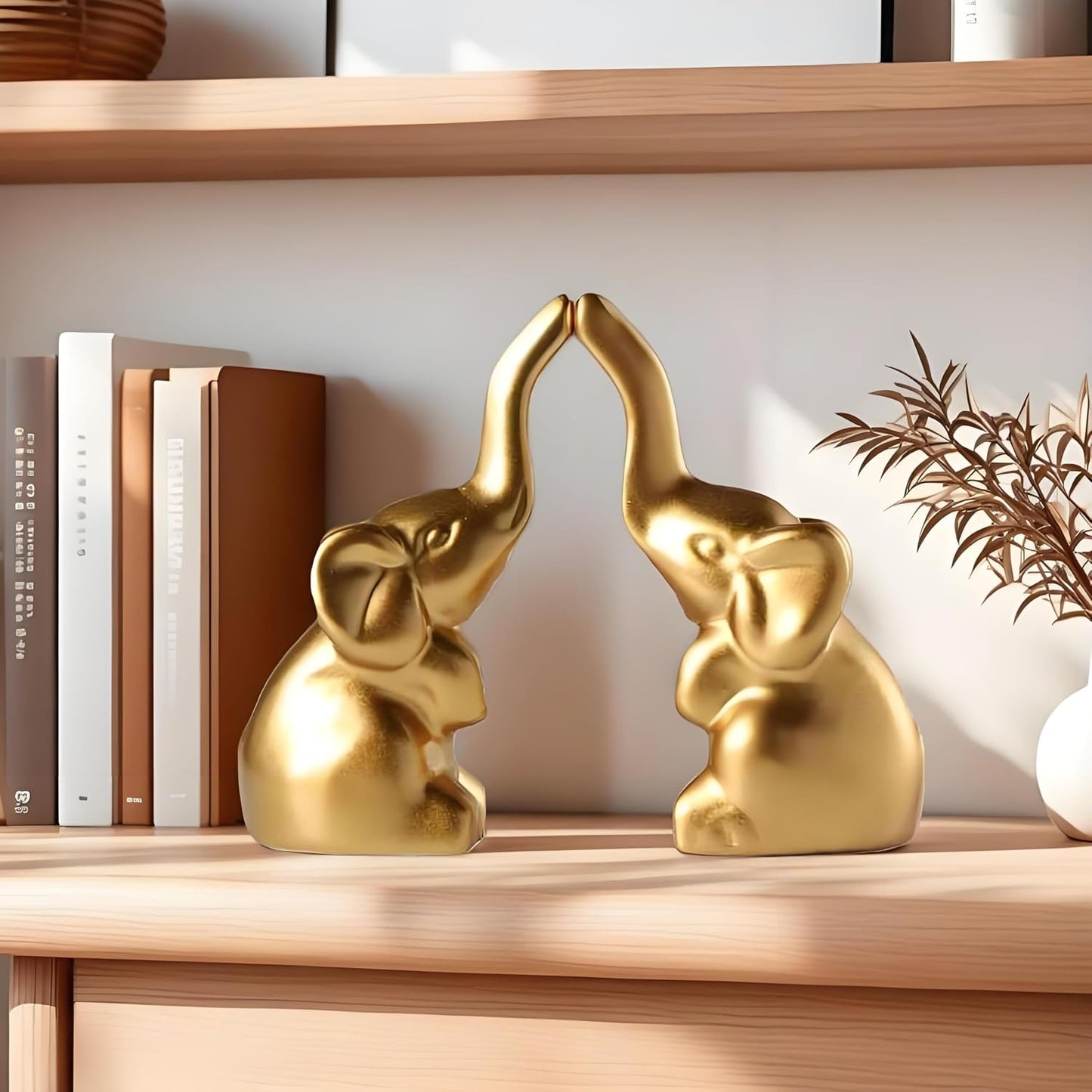 Elephant Statue Home Decor,Modern Style Figurines,Sculpture for Living Room Office Desktop Bookshelf,Ceramics Gold Elephant Ornaments for Mothers Day.Father's Day, Christmas-2PCS