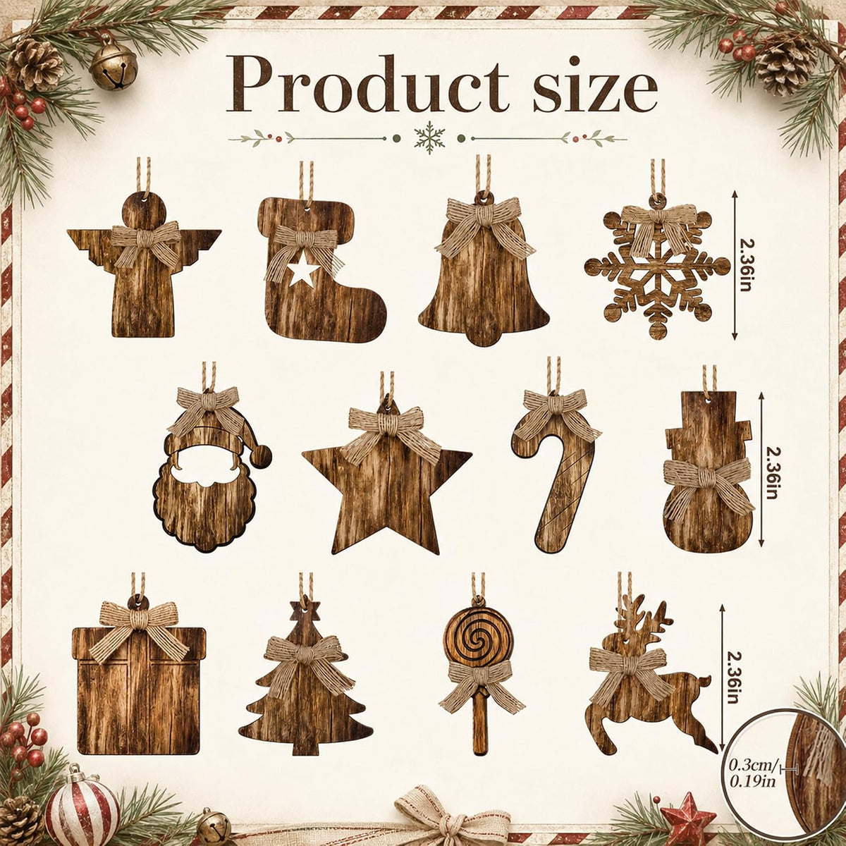 12Pcs Rustic Wooden Christmas Tree Ornaments, Farmhouse Hanging Ornaments